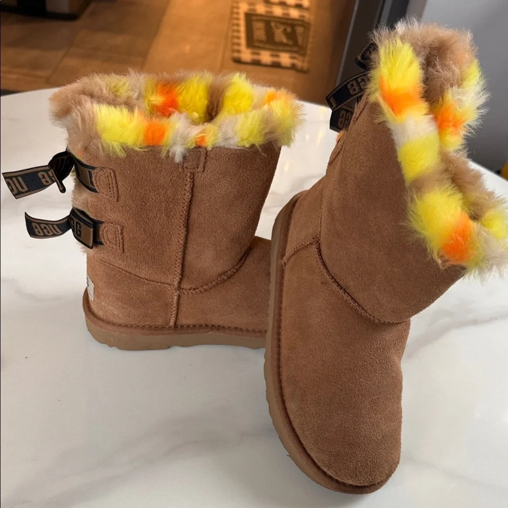 UGG Tan Boots with Multicolor Fur Trim